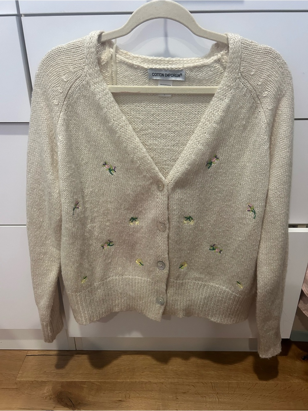 Cotton Emporium Cream Knit Cardigan with Subtle Floral Embroidery